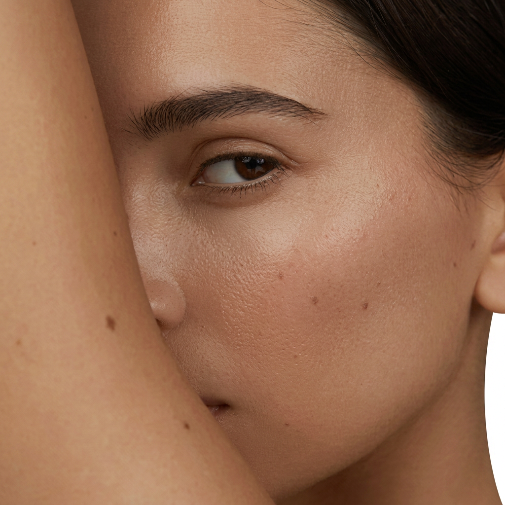 Close-up of clear, healthy skin on a white studio background