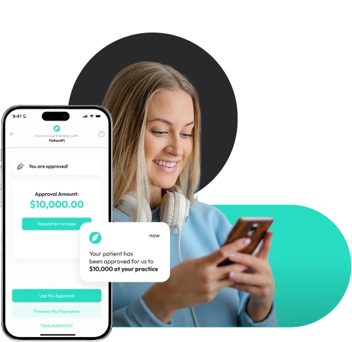 Client viewing a PatientFi approval of $10,000 on her phone
